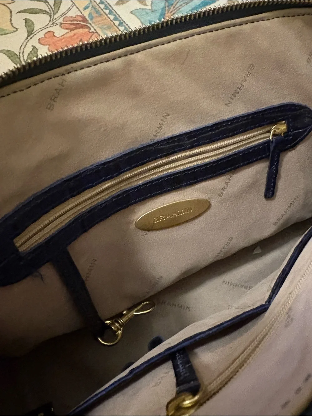 Brahmin Navy Croc-Embossed Satchel with Gold Hardware